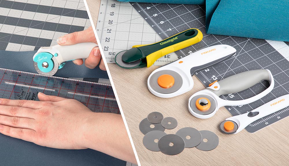 An ambidextrous rotary cutter and protective mat make cutting long runs of material easy.